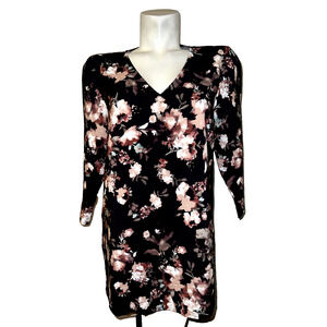 J. JILL Top Womens Size S Black Floral Rayon Nylon V-neck 3/4 Sleeve Tunic Shirt